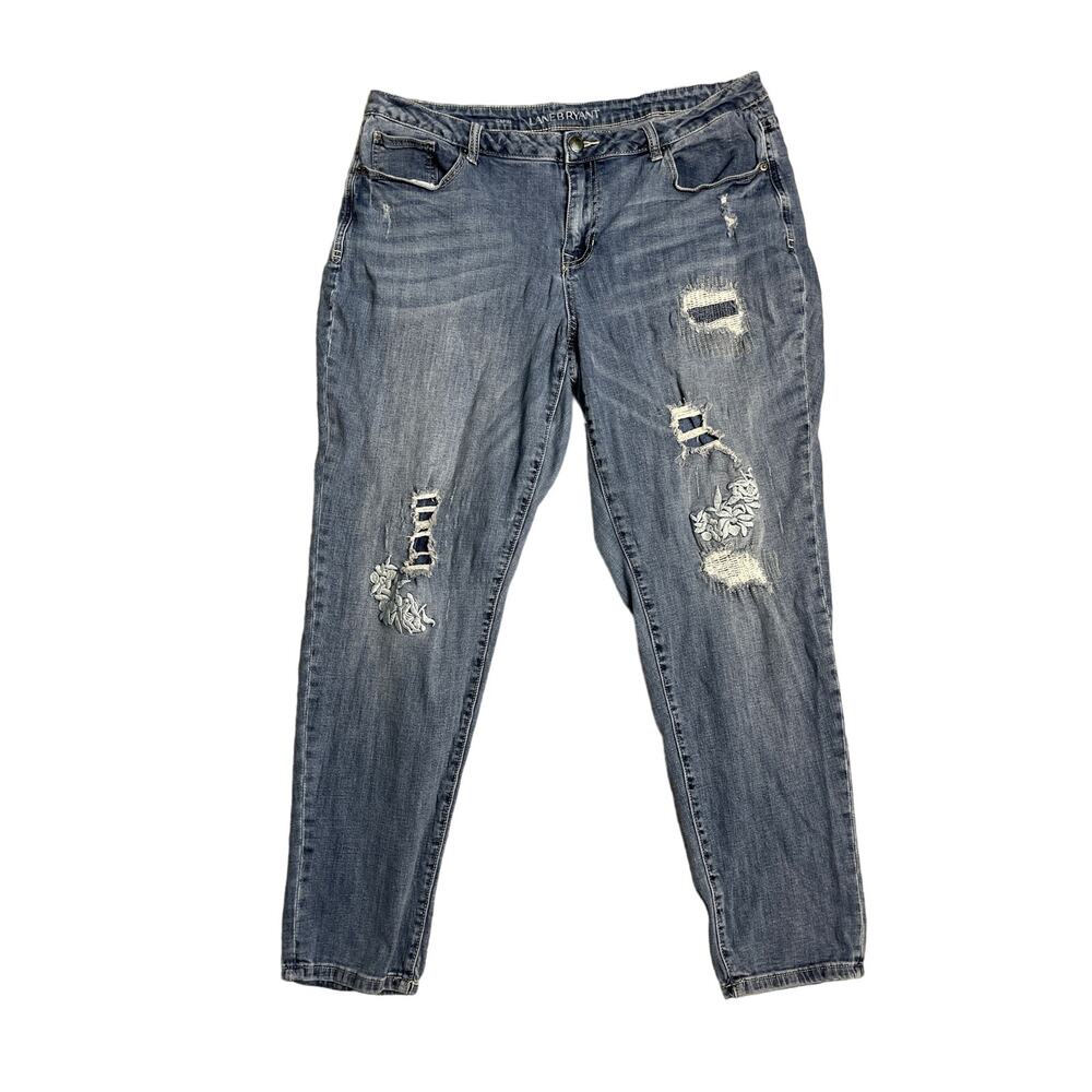 Lane Bryant Jeans Straight Patchwork Distressed Mid-Wash Pockets Stretch Size 18